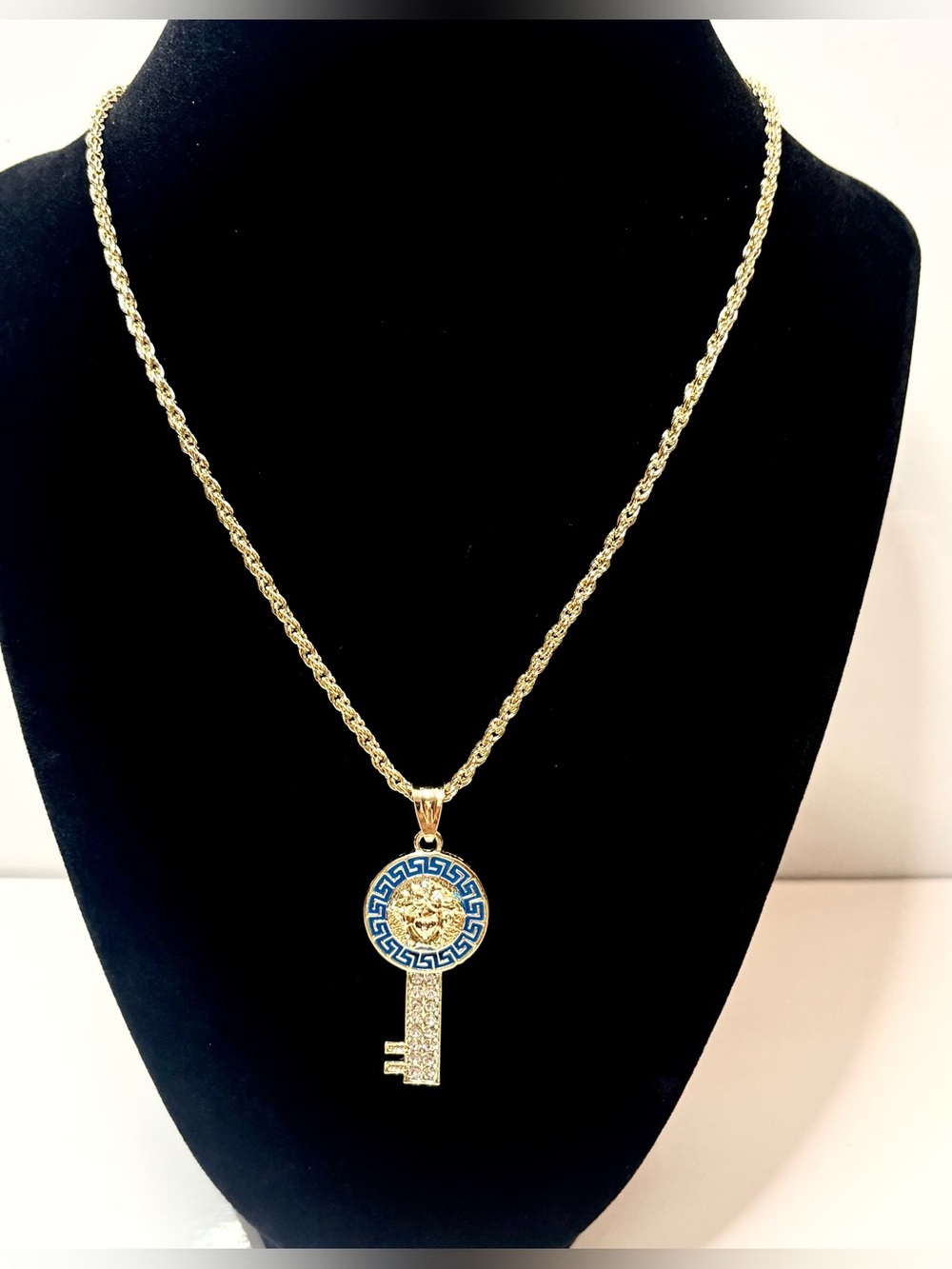 18k Gold Filled Necklace w/ Pave & Blue Enamel Accents & Greek Medusa Face.